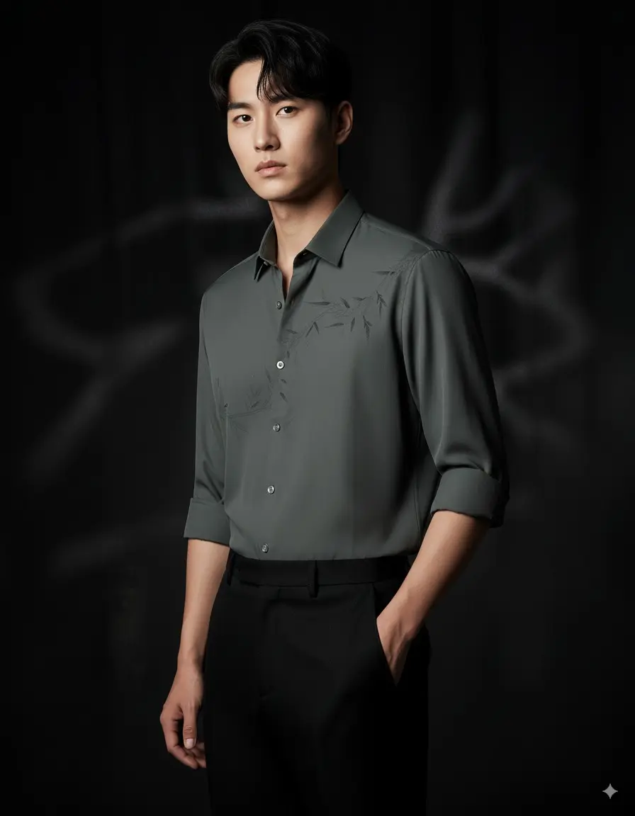 Long Sleeve-Dark Grey Printed Button-Up Shirt